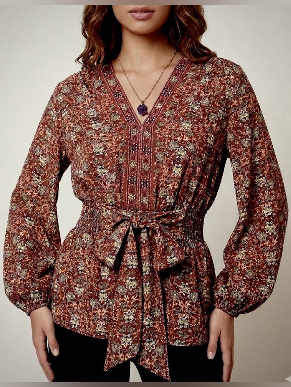 Max Studio Red Floral Boho Chic Smocked Blouse Size S